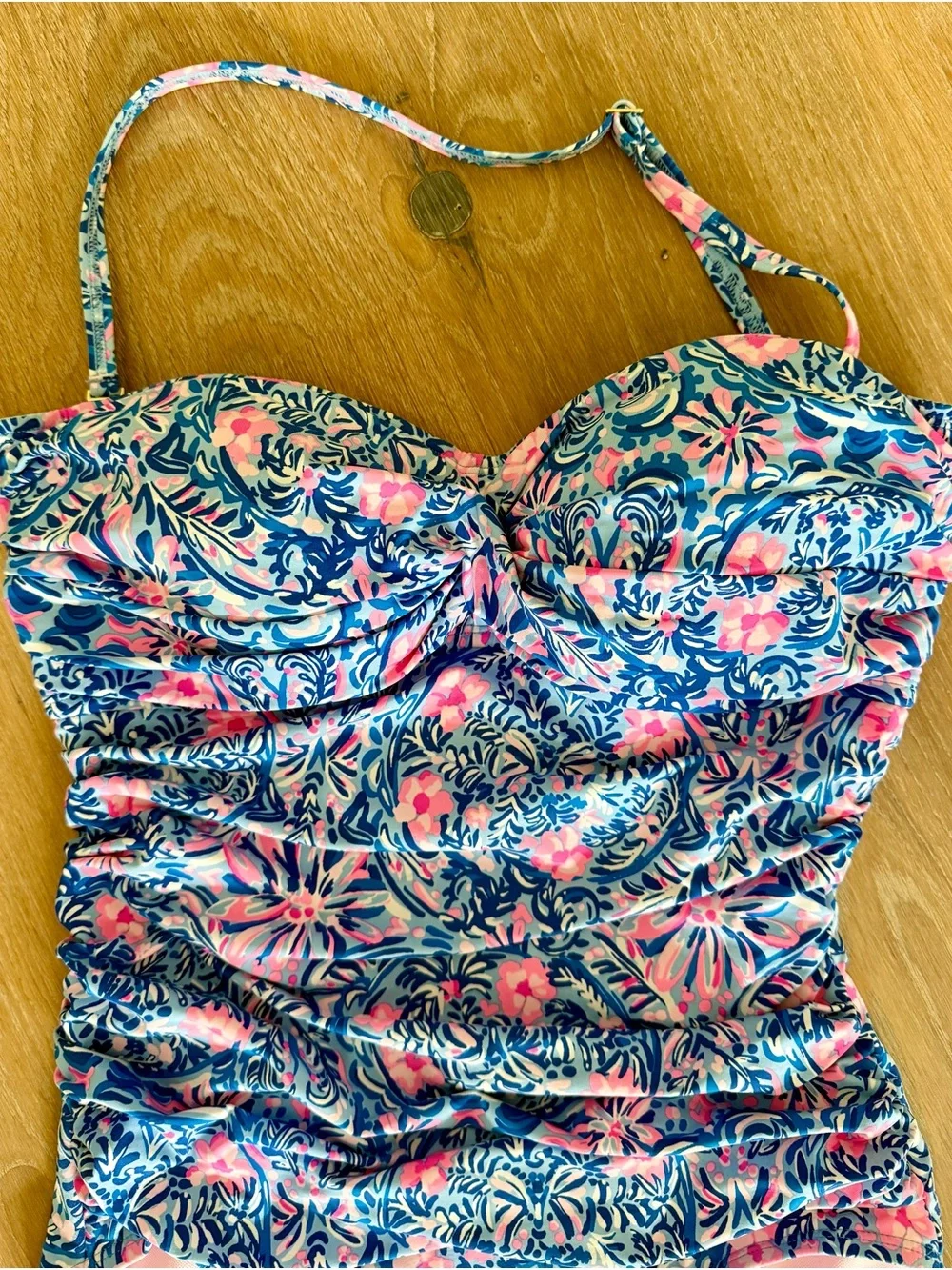 LILLY PULITZER Falmenco Bandeau Ruched One-Piece Swimsuit - Blue & Pink - Picture 3 of 10